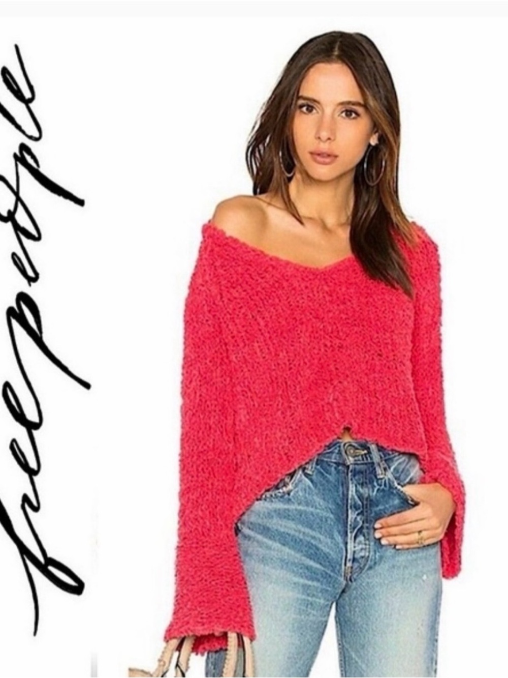 Free People Coral Off-Shoulder V-Neck Sweater
